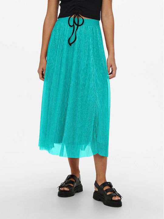 Only Pleated High Waist Midi Skirt with Tulle in Turquoise color