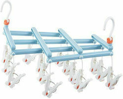 Plastic folding clothes hanger with clips - 14 clips - light blue