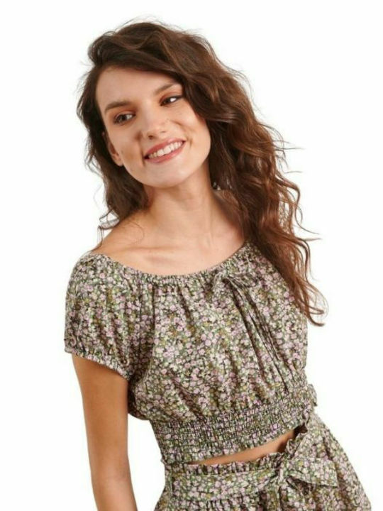 Attrattivo Damen Sommer Crop Top Schulterfrei Baumwolle Kurzarm Blumen Khaki