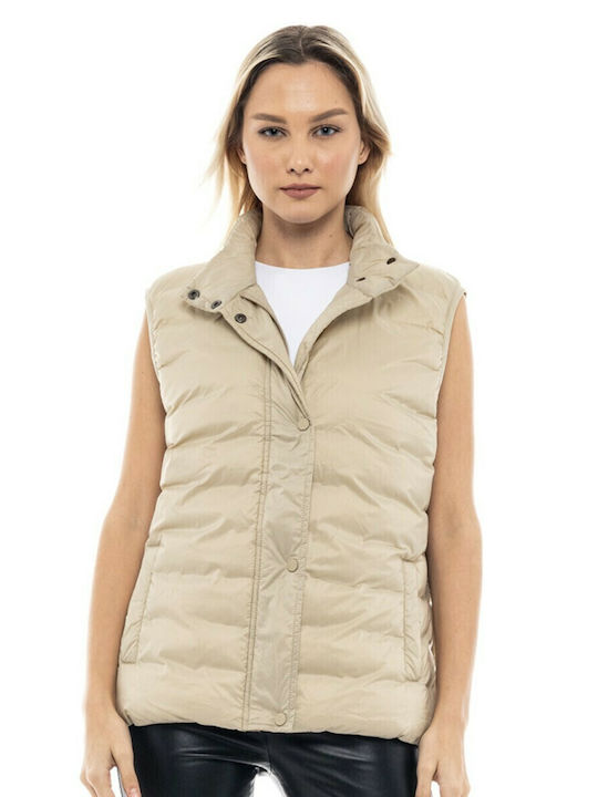 Kurz Damen Ärmellos Puffer Jacke Beige