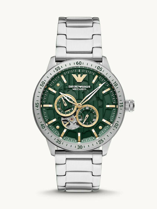 Emporio Armani Meccanico Ανδρικό Ρολόι 43mm Χρονογράφος Αυτόματο με Ασημί Μεταλλικό Μπρασελέ