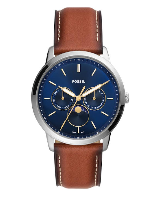 Fossil Neutra Moonphase Ανδρικό Ρολόι 42mm Χρονογράφος με Καφέ Δερμάτινο Λουράκι