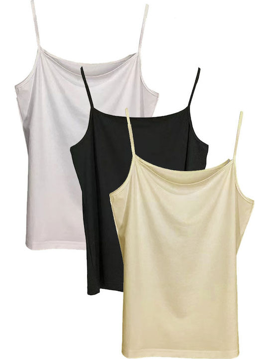 Baumwoll Damen T-Shirts Weiß/Schwarz/Gelb mit Spaghetti-Träger 3Pack
