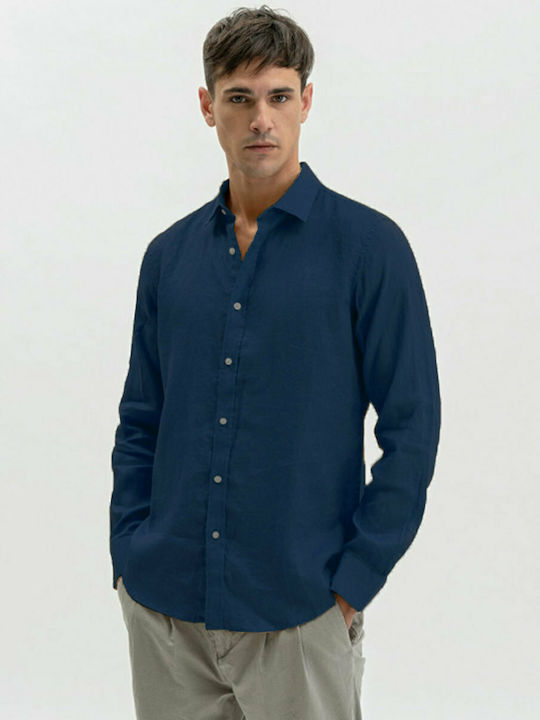 Gianni Lupo Men's Shirt Long Sleeve Linen Navy ...