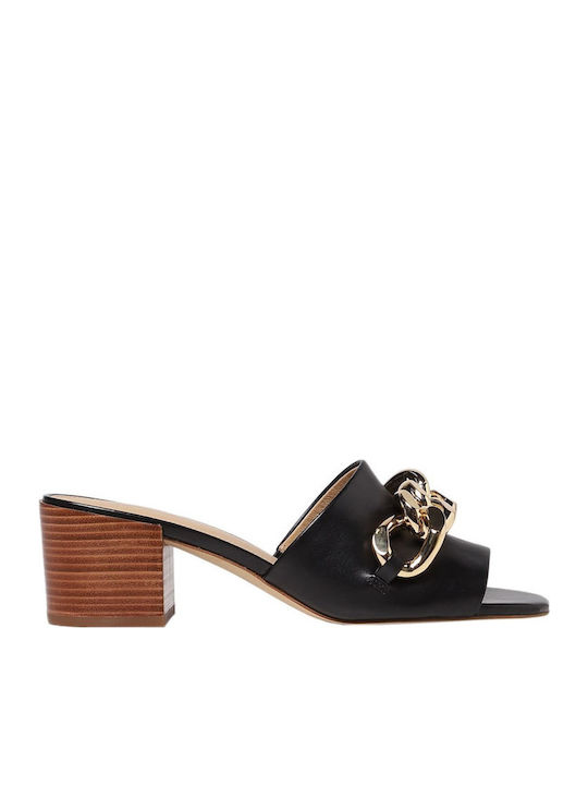 Scarlett Midheel Leather Mules with Chunky Low Heel in Black Color