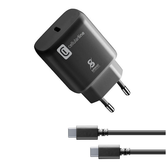 Cellular Line с USB-C порт и кабел USB-C 25W Power Delivery Черен (ACHSMKITC2CPD25W)