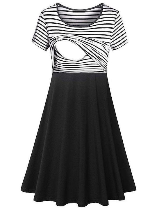 Γυναικείο κοντομάνικο φόρεμα θηλασμού (μαύρο, ασπρόμαυρο με ρίγες) (πολυεστέρας)