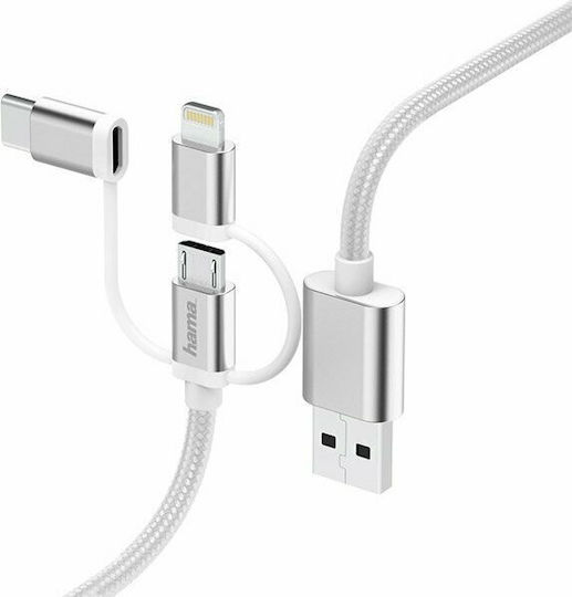 HAMA Braided Cablu USB la Lightning / Type-C / micro USB cu mai multe porturi Alb 0.2m (00183306)