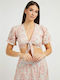 Women's Summer Crop Top Cotton with 3/4 Sleeve & V Neckline Floral Pink