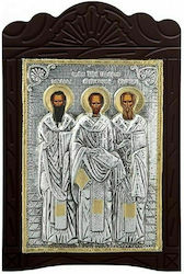 Three Hierarchs Wooden Icon 19x29cm with Silver Leaf 925 and Local Gold Plating