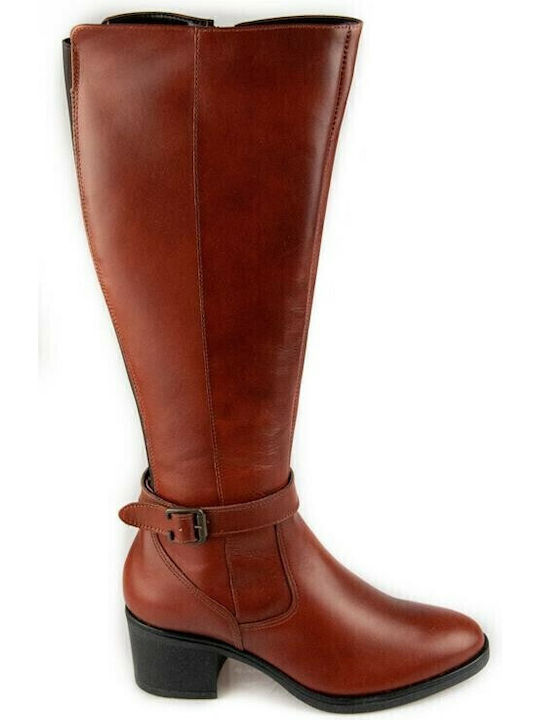 Leder Damenstiefel mit mittlerem Absatz Tabac Braun