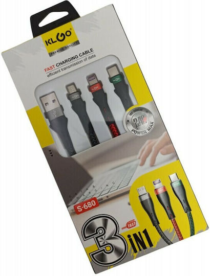 KLGO S-680 Braided USB to Lightning / Type-C / micro USB 1m Cable Multicolour
