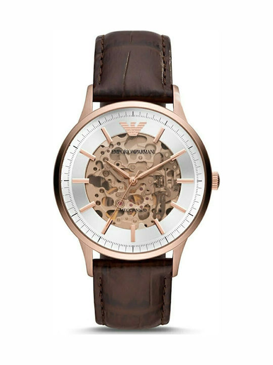 Emporio Armani Meccanico Ανδρικό Ρολόι 43mm Αυτόματο με Καφέ Δερμάτινο Λουράκι