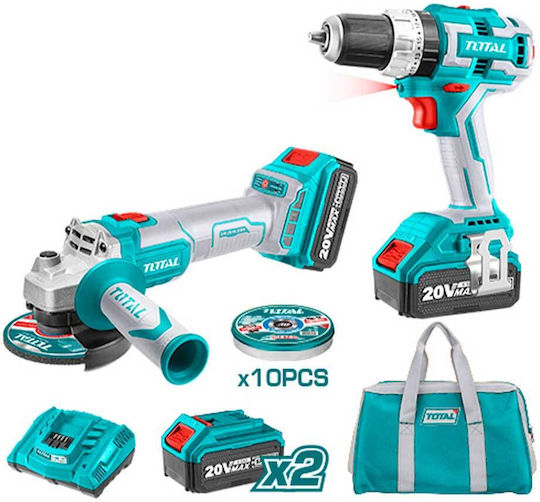 Total Set Angle Wheel & Impact Drill Driver 20V with 2 Batteries 4Ah and Case