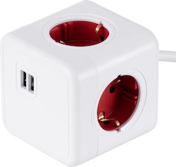 GloboStar PowerCube Ασφαλείας 4 Θέσεων με 2 USB και Καλώδιο 1.5m Κόκκινο