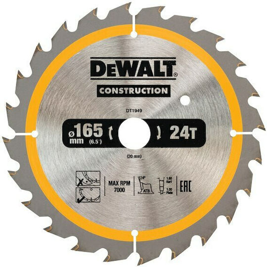 Dewalt Cutting Disc Wood Hole Diameter 165mm with 24 Teeth 1pcs