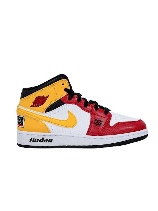 Air  1 Retro Mid Kids High Sneakers with Laces White / Varsity Red / Yellow