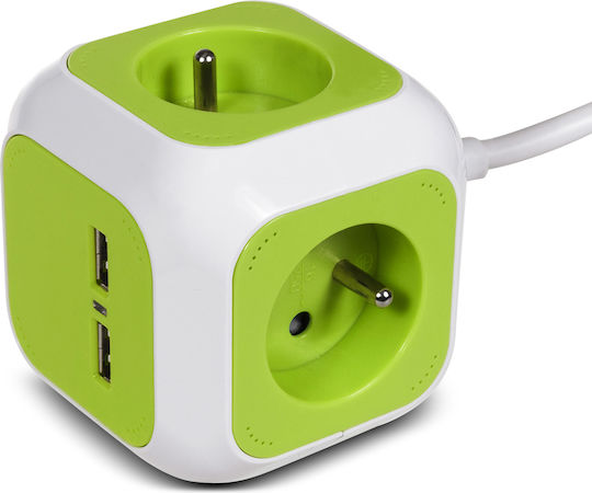 Green Blue PowerCube 4 Θέσεων με 2 USB-A και Καλώδιο 1.4m Πράσινο Γαλλίας (Type E)