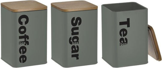 Click Set of 3 Boxes for Sugar Coffee Tea with Metallic Green Lid 10x10x14cm 3 Pieces