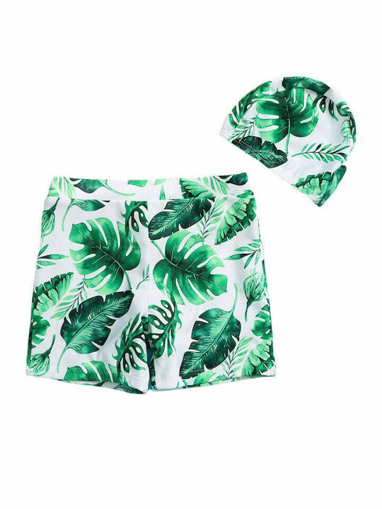 Poulain Kids Swimwear with Cap "Green Leaves" White/Green