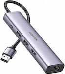 Ugreen USB 3.0 Hub 4 Θυρών με σύνδεση USB-A / Ethernet Ασημί