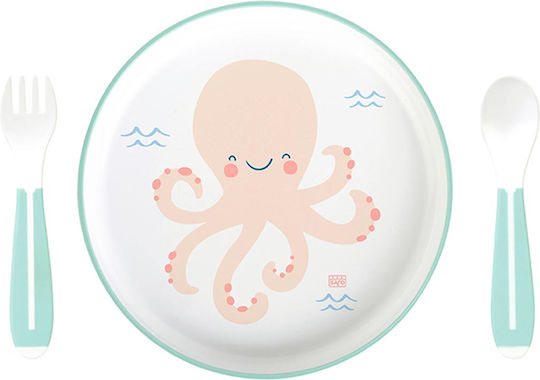 Saro Set Essgeschirr Octopus aus Kunststoff mit rutschfester Basis Hellblau 3Stück für 6+ Monate