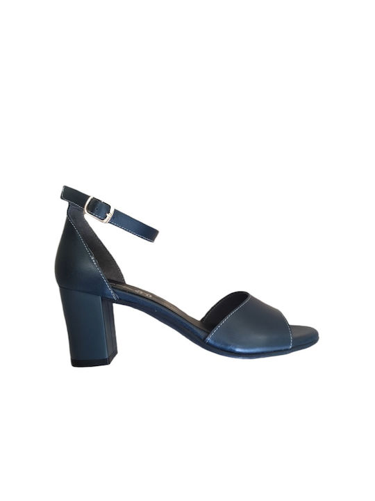 Ragazza Leather Women's Sandals with Ankle Strap Navy Blue with Chunky Medium Heel