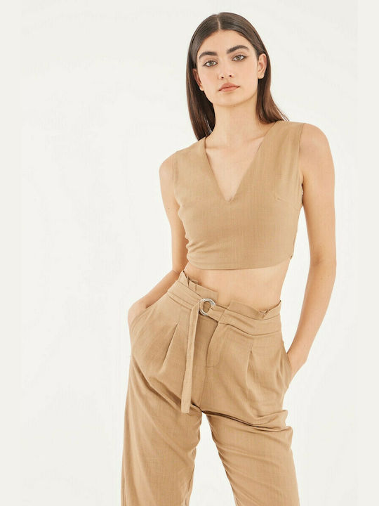 Mind Matter Damen Sommer Crop Top Leinen Ärmellos mit V-Ausschnitt Beige