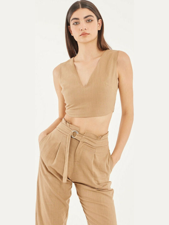 Alick Women's Summer Crop Top Linen Sleeveless with V Neckline Beige