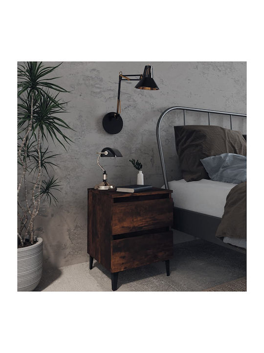 Wooden Bedside Table with Metallic Legs Καπνιστ...