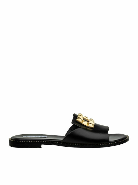 Leather Women's Flat Sandals in Black Color