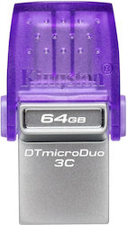 Kingston DataTraveler MicroDuo 3C 64GB USB 3.1 Stick με σύνδεση USB-A & USB-C Μωβ