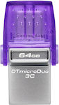 Kingston DataTraveler MicroDuo 3C 64GB USB 3.1 Stick mit Verbindung USB-A & USB-C Lila