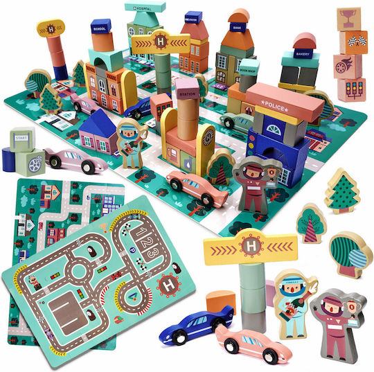 Ecotoys Cuburi De Construit Pista De Curse Din Lemn Pentru 3+ Ani 112 Bucăți