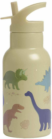 A Little Lovely Company Dinosaurs Kids Water Bottle Thermos Dinosaur Stainless Steel with Straw Non Spill Beige 350ml