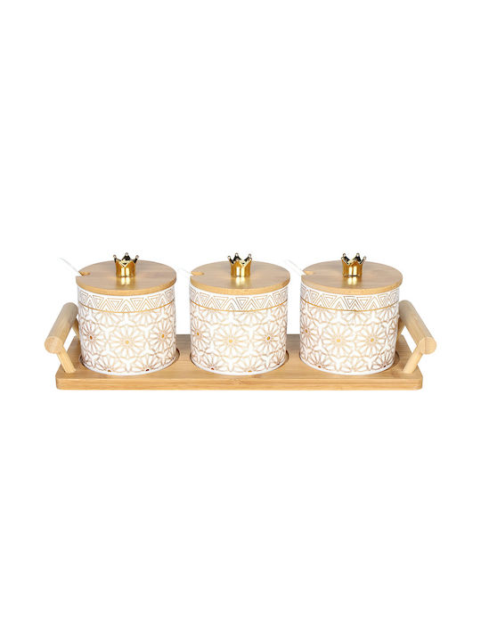 Keskor Set of 3 Ceramic Tea Jars with Lid and Stand White 37x12.5x12cm 3 Pieces