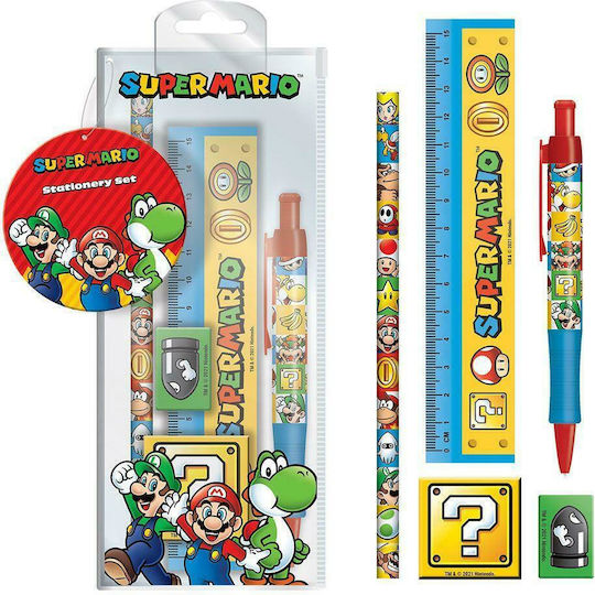 Pyramid International Super Mario 5 Kids Stationery Set with Pencil, Sharpener, Eraser, Pen and Ruler