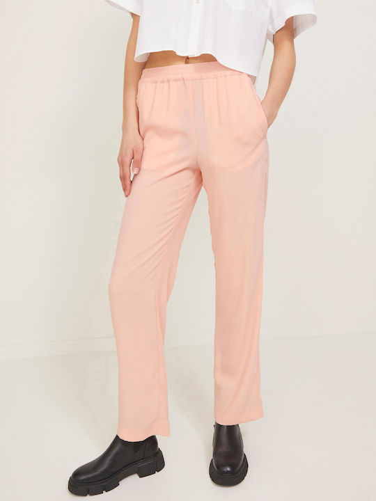 Women's High-waisted Fabric Trousers with Elastic Regular Fit Tropical Peach