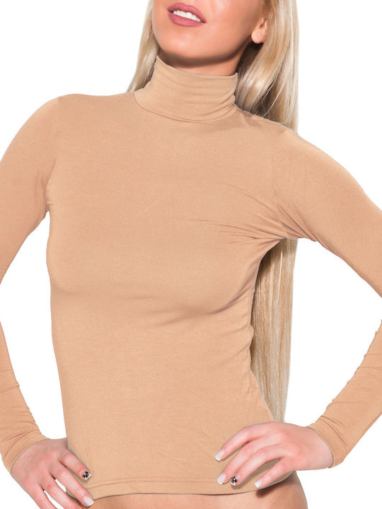 Apple Boxer Mânecă lungă Bej Tricou pentru femei Pulover cu guler înalt