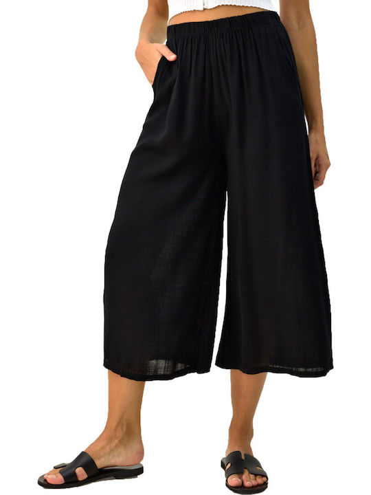 Potre Γυναικεία Ψηλόμεση Λινή Παντελόνα με Λάστιχο σε Ίσια Γραμμή σε Μαύρο Χρώμα