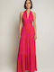 Desiree Summer Maxi Evening Dress Open Back with Ruffle Fuchsia