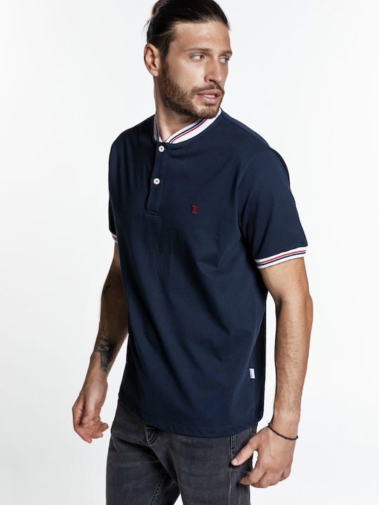 Snta Polo Pique with Short Sleeve & Striped Collar Mao - Blue Navy