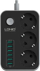 Ldnio Захранваща лента 3 Места с превключвател, 6 USB и Кабел 1.6м Черно