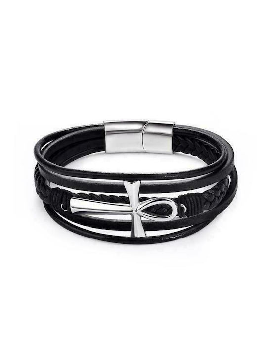 Bracelet, men's, leather, with cross, steel.