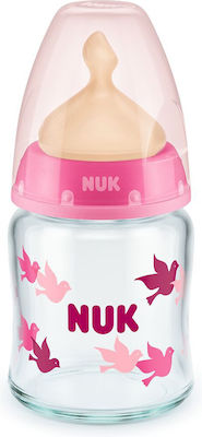 Nuk Glass Bottle First Choice+ with Rubber Nipple for 0-6 months Pink Birds 120ml 1pcs