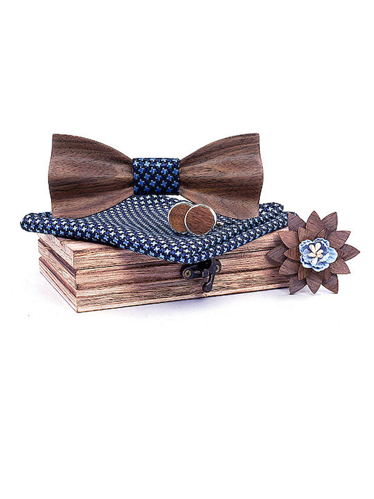 Legend Accessories Set Papion din lemn cu butoni, batista si ac de cravata Albastru marin