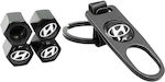 Car Tire Valve Caps with Logo Hyundai with Keychain Black 4pcs