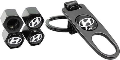 Car Tire Valve Caps with Logo Hyundai with Keychain Black 4pcs