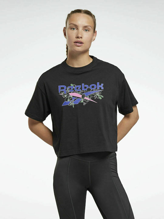 Reebok Quirky Damen Sportlich Oversized Crop T-shirt Blumen Schwarz