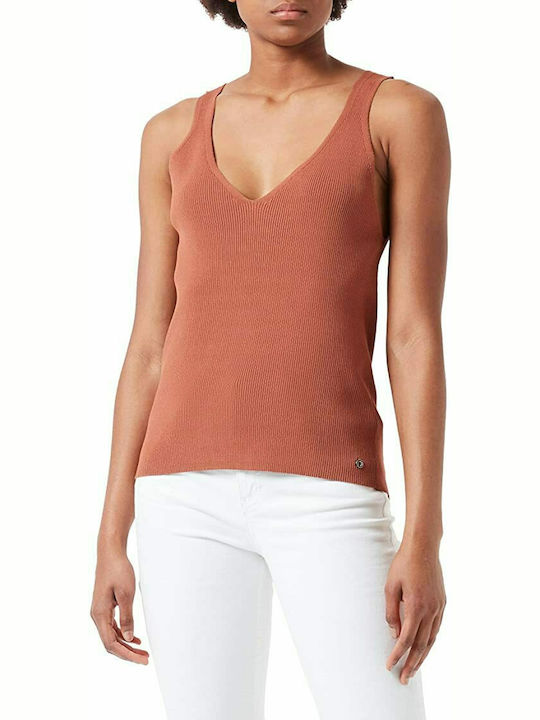 Tom Tailor Damen Sommer Bluse Ärmellos mit V-Ausschnitt Braun